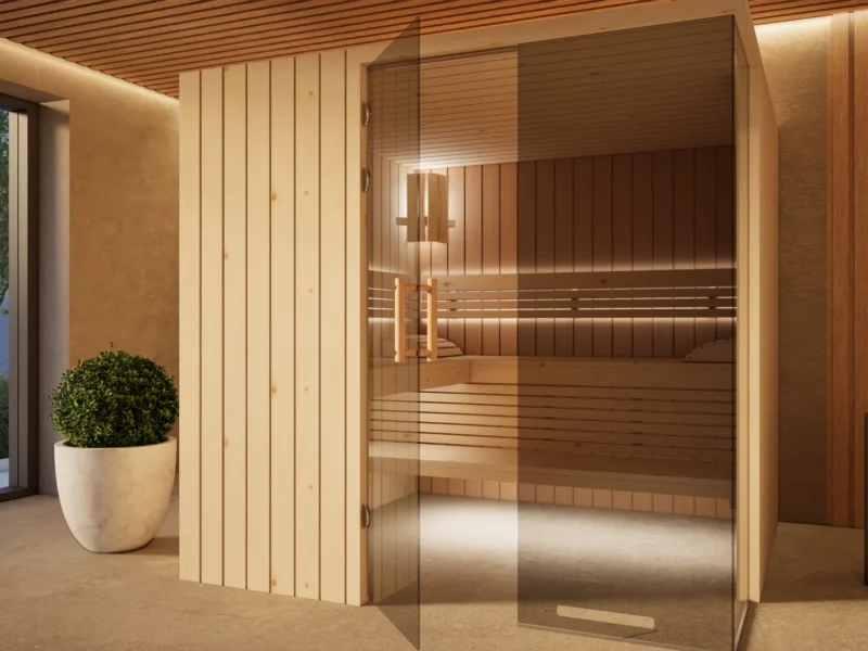 Sauna Morena Profilholz Zirbe mit geöffneter Glastür, Ofenplatz noch frei