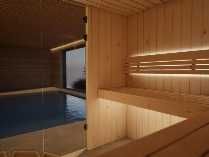 Untere Liege mit indirekter LED-Beleuchtung in der Sauna Morena Profilholz Zirbe