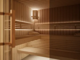 Blick in die Sauna Morena Profilholz Zirbe ohne Saunaofen, mit Lampe und beiden Liegen