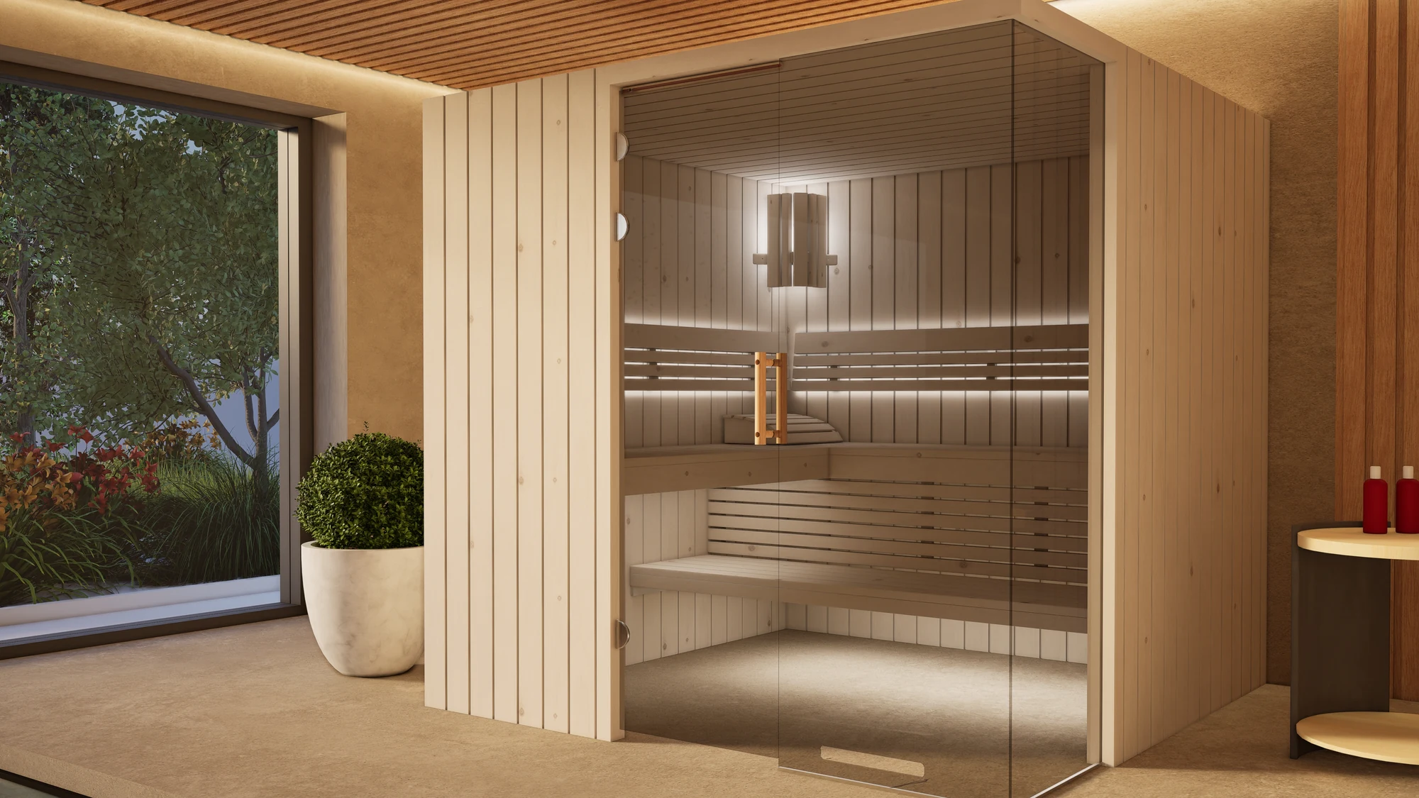 Sauna Morena Profilholz Zirbe im Wellnessbereich am Pool, Lieferung ohne Saunaofen