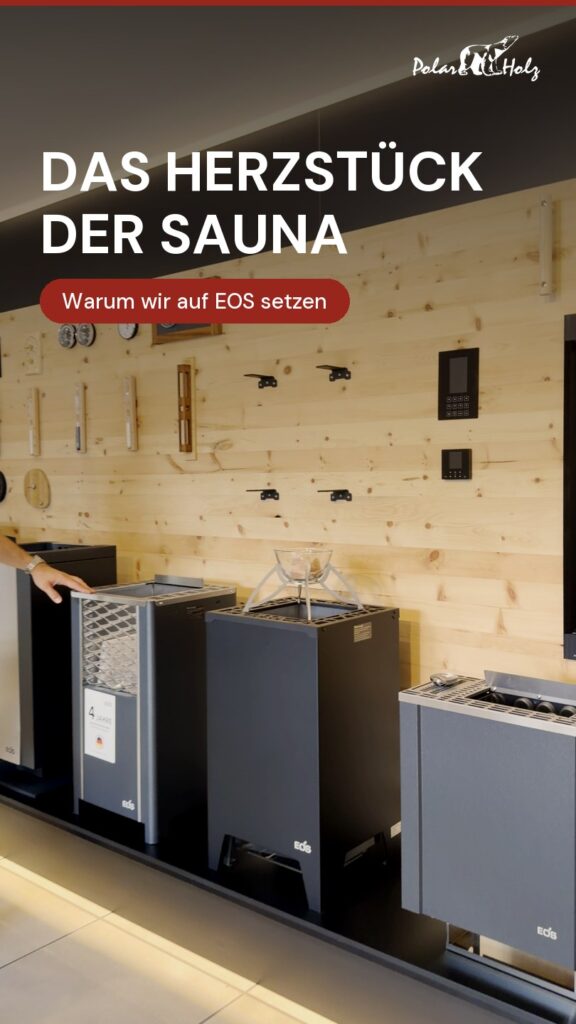 Saunaöfen von EOS nebeneinander in der Ausstellung, Titel «Das Herzstück der Sauna»