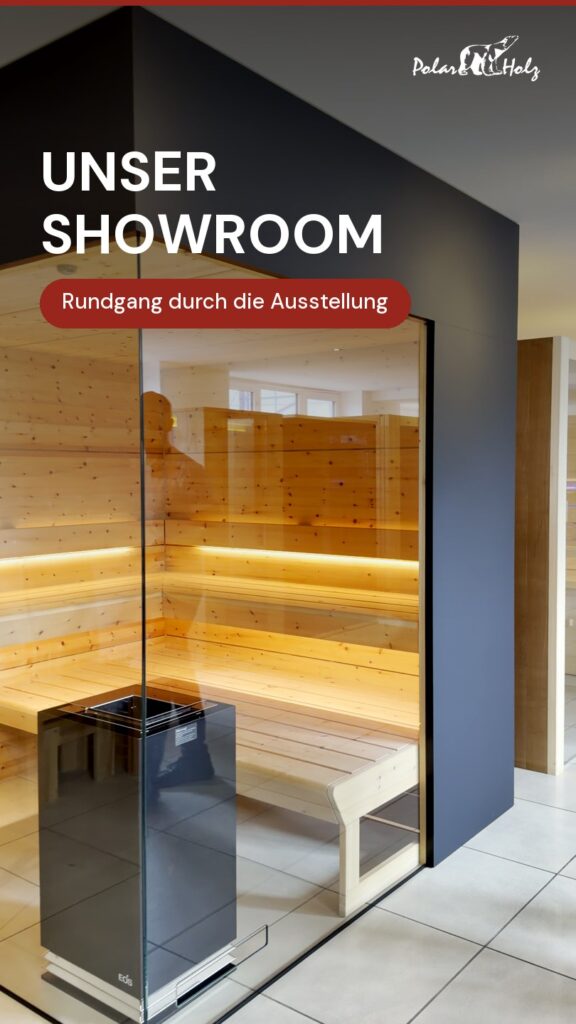 Designsauna mit Glasfront in der Ausstellung, Titel «Unser Showroom»