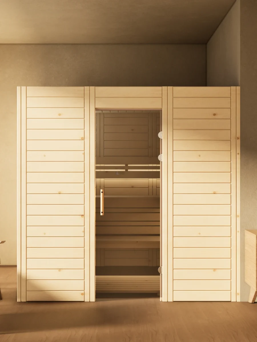 Sauna Venus Glastür Massivholz Zirbe im Wohnraum, Gesamtansicht