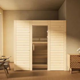 Sauna Venus Glastür Massivholz Zirbe im Wohnraum, Gesamtansicht
