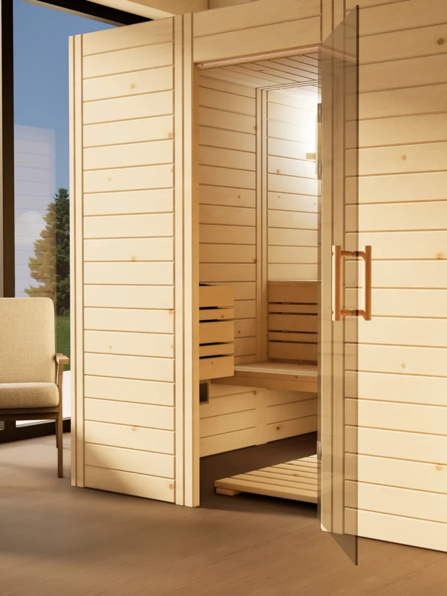 Sauna Venus Glastür Massivholz Zirbe mit geöffneter Glastür
