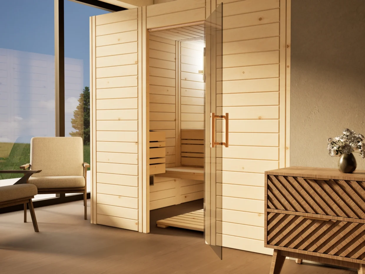 Sauna Venus Glastür Massivholz Zirbe mit geöffneter Glastür