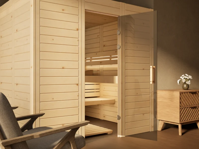 Sauna Venus Glastür Massivholz Zirbe, Glastür mit Bändern und Holzgriff