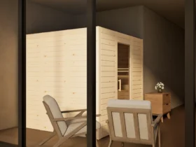 Sauna Venus Glastür Massivholz Zirbe von der Seite im Wohnraum