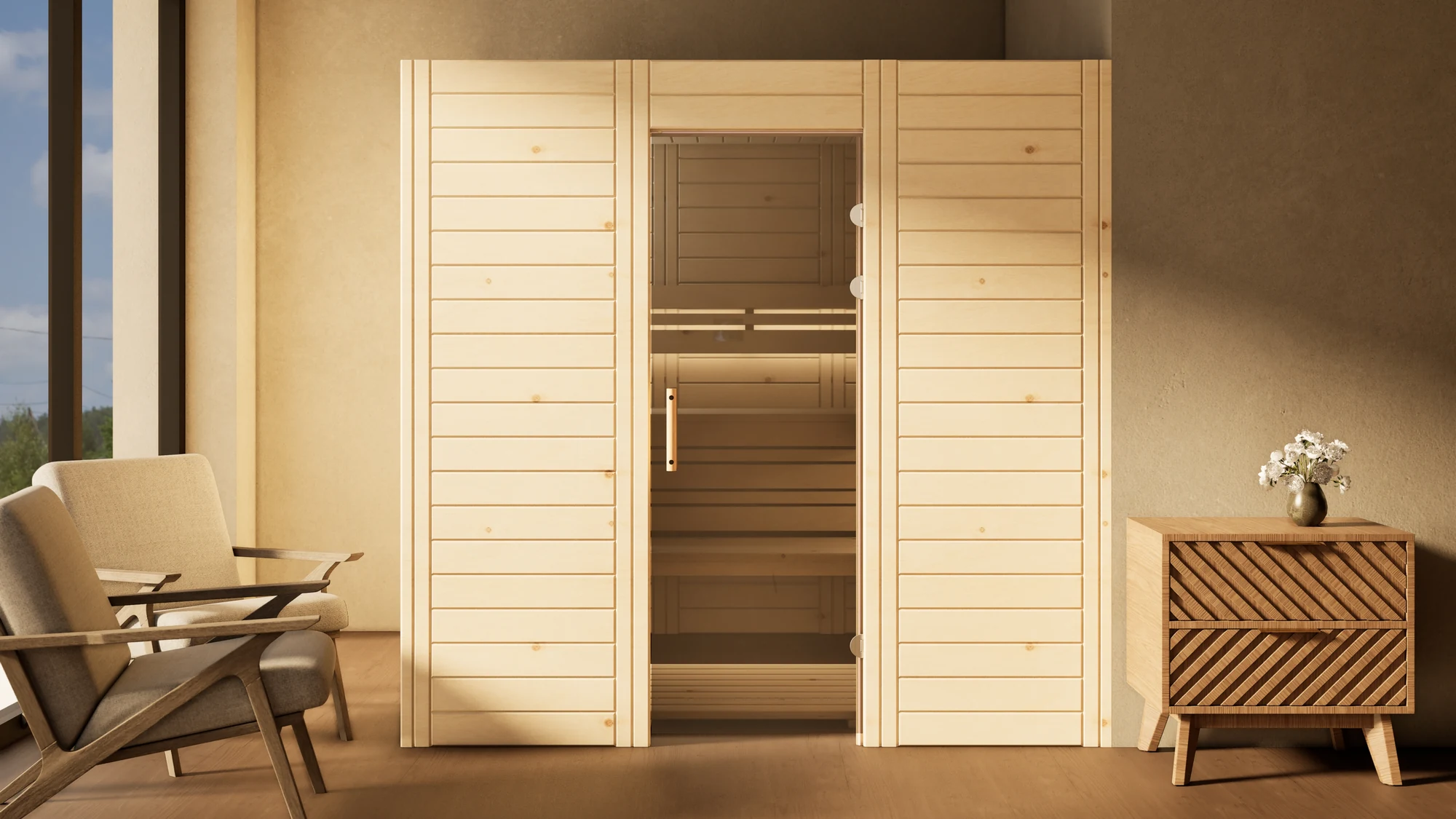 Sauna Venus Glastür Massivholz Zirbe im Wohnraum vor der Fensterfront