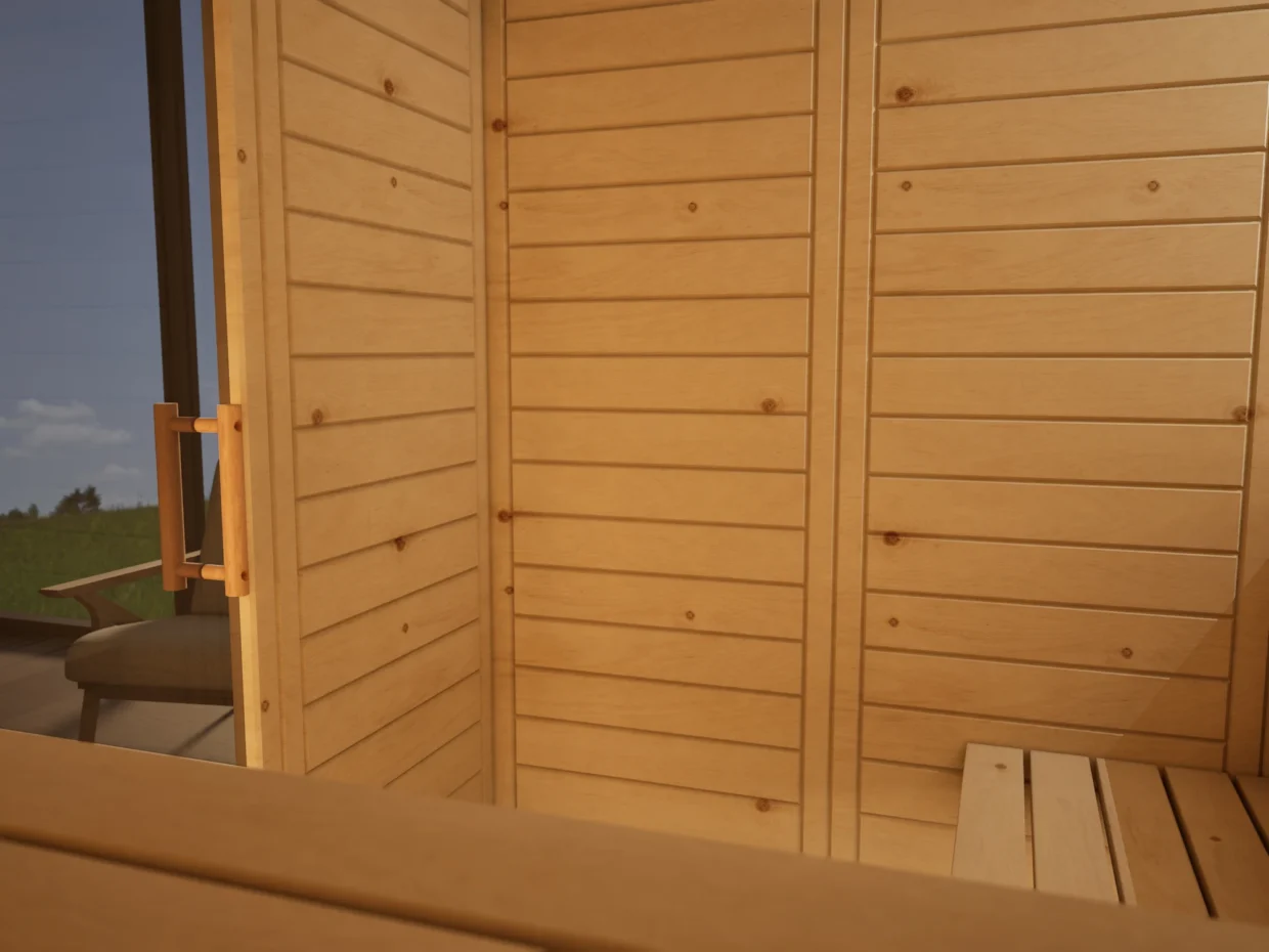 Innenraum der Sauna Venus Glastür Massivholz Zirbe mit freiem Ofenplatz