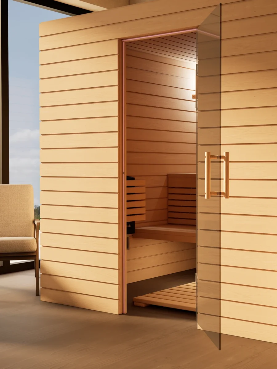 Sauna Venus Glastür Profilholz Erle mit geöffneter Glastür