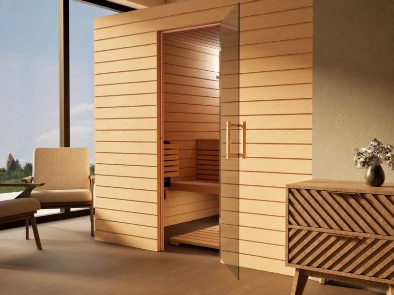 Sauna Venus Glastür Profilholz Erle mit geöffneter Glastür