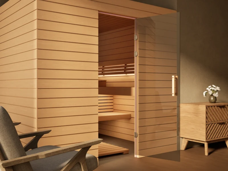 Sauna Venus Glastür Profilholz Erle, Glastür mit Bändern und Holzgriff