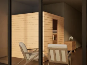 Sauna Venus Glastür Profilholz Erle von der Seite im Wohnraum