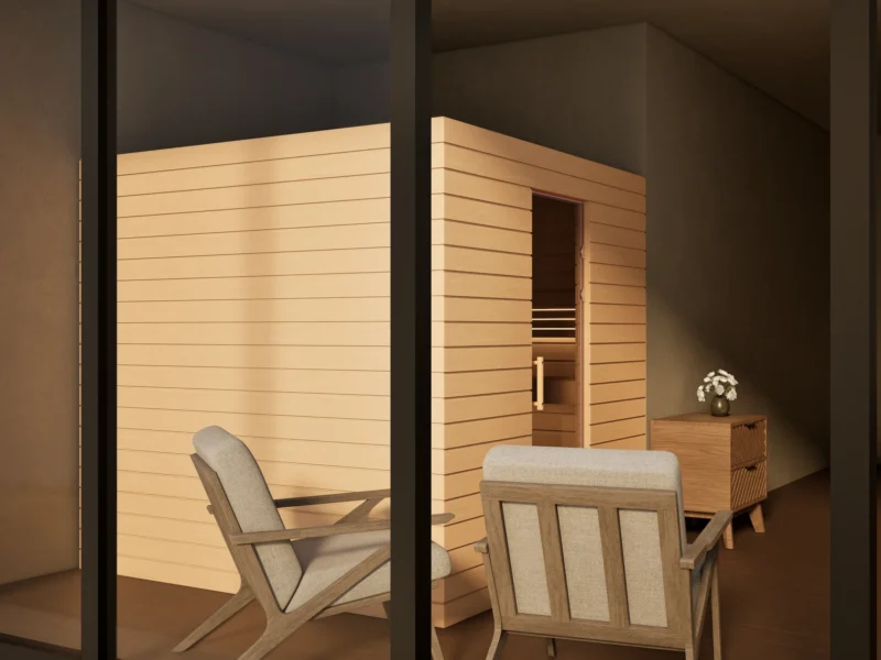 Sauna Venus Glastür Profilholz Erle von der Seite im Wohnraum