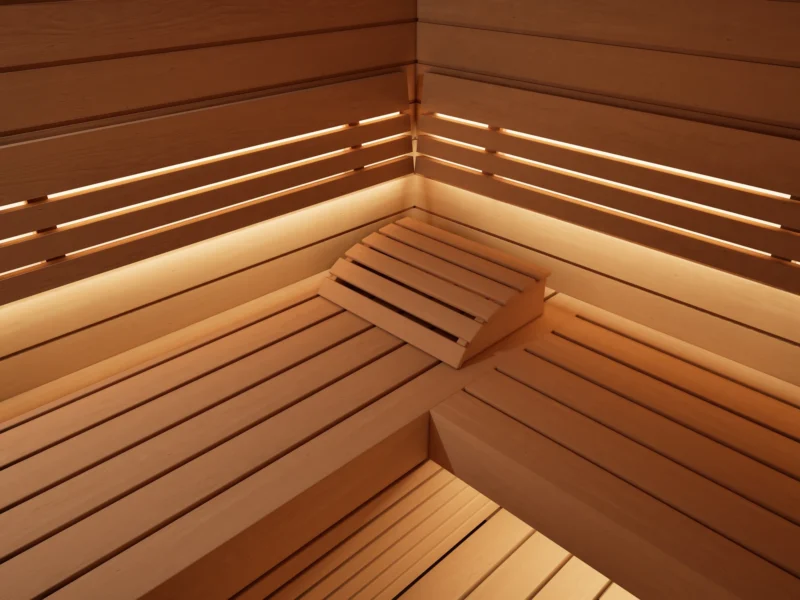 Eckbank mit gewölbter Kopfstütze in der Sauna Venus Glastür Profilholz Erle