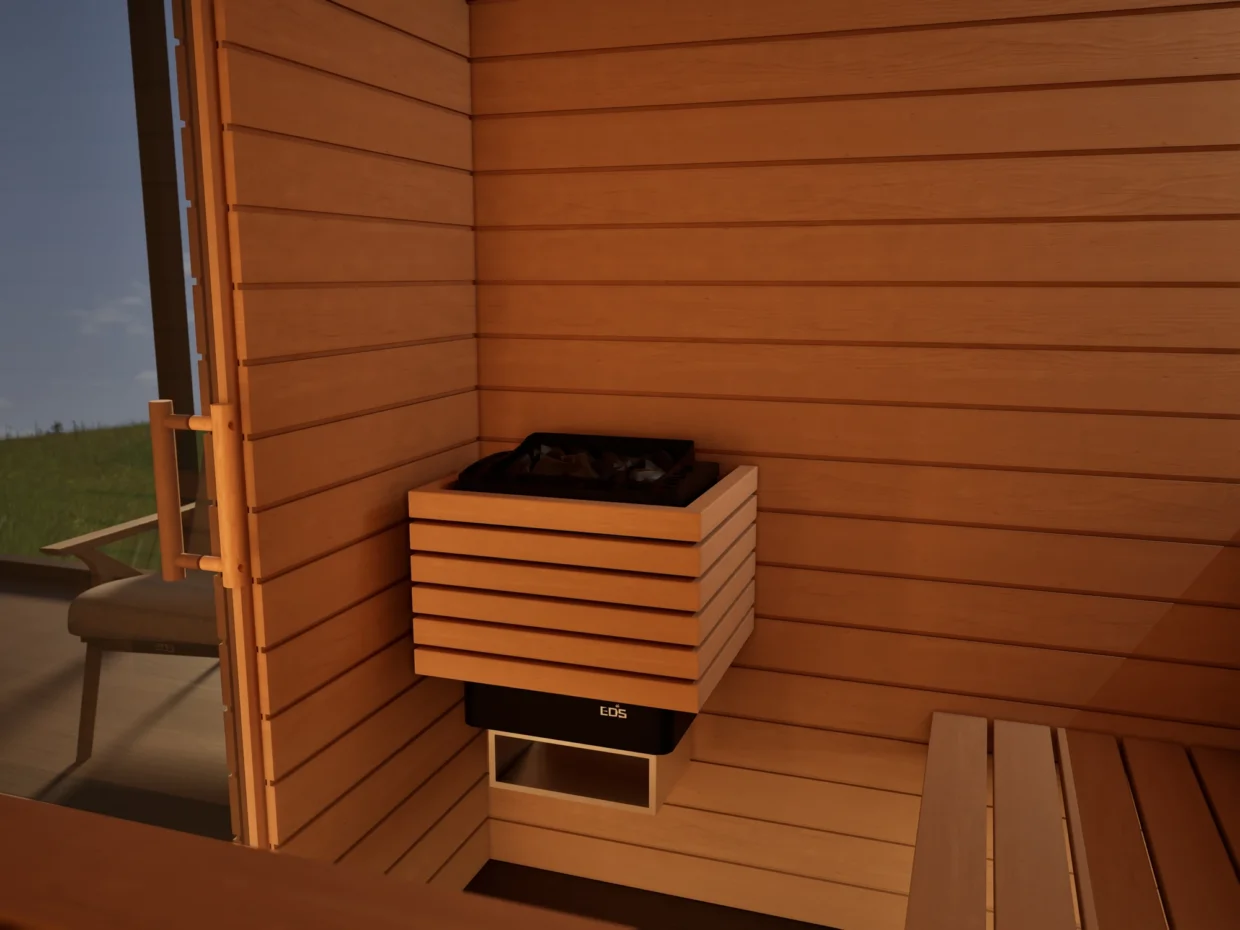 Saunaofen mit Steinen in der Sauna Venus Glastür Profilholz Erle