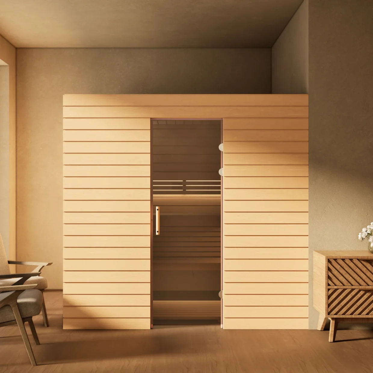 Sauna Venus Glastür Profilholz Erle im Wohnraum, Gesamtansicht, Kabine ohne Saunaofen