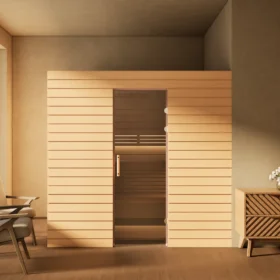 Sauna Venus Glastür Profilholz Erle im Wohnraum, Gesamtansicht, Kabine ohne Saunaofen