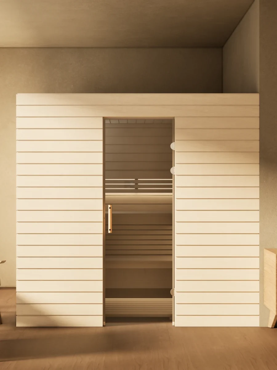 Sauna Venus Glastür Profilholz Linde im Wohnraum, Gesamtansicht