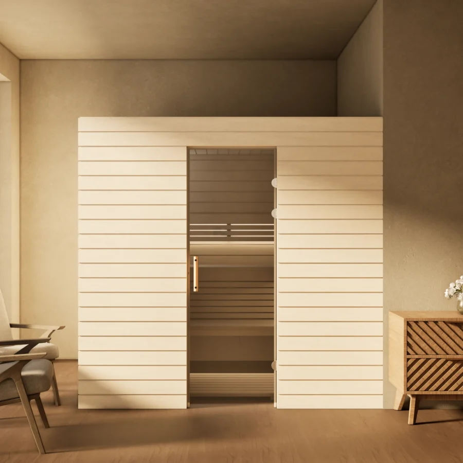 Sauna Venus Glastür Profilholz Linde im Wohnraum, Gesamtansicht