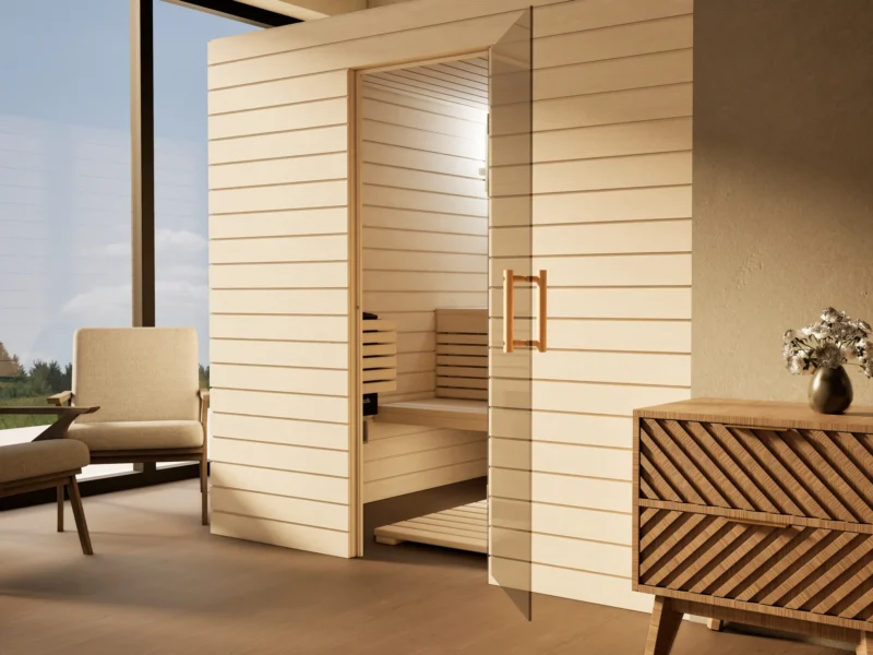 Sauna Venus Glastür Profilholz Linde mit geöffneter Glastür