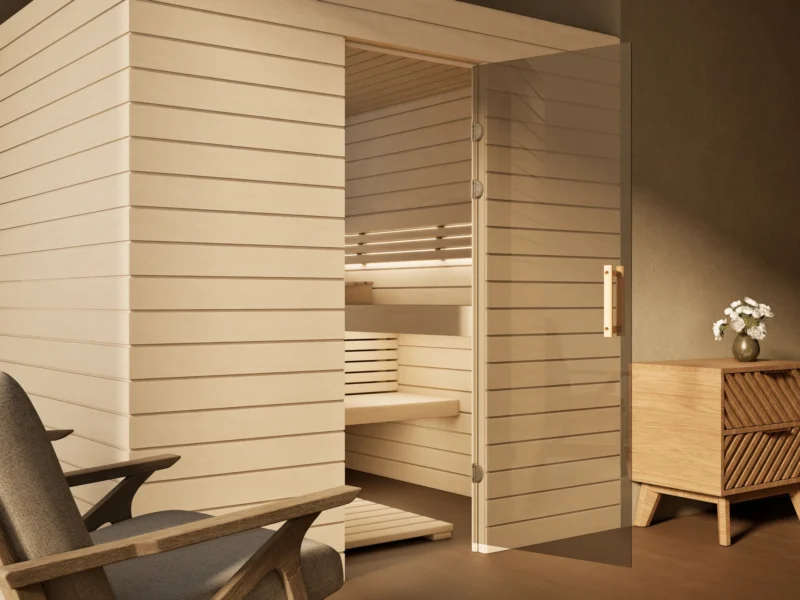 Sauna Venus Glastür Profilholz Linde, Glastür mit Bändern und Holzgriff