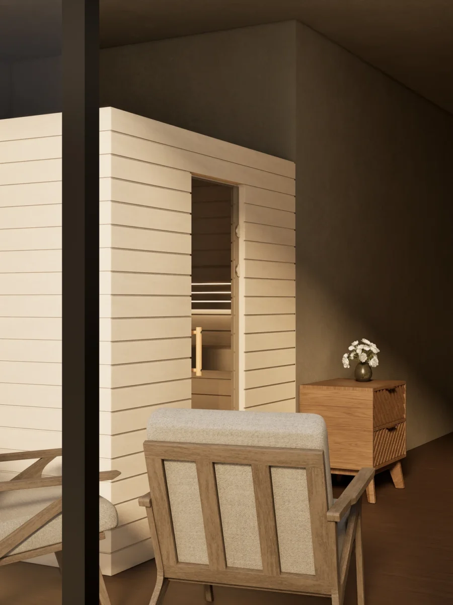 Sauna Venus Glastür Profilholz Linde von der Seite im Wohnraum