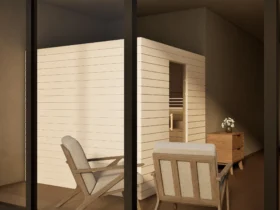 Sauna Venus Glastür Profilholz Linde von der Seite im Wohnraum