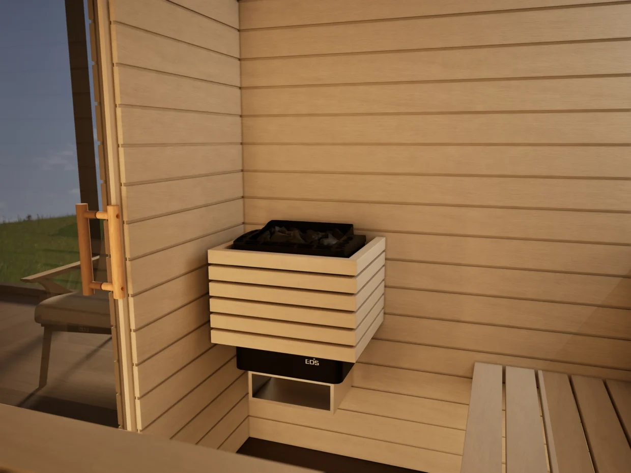 Saunaofen mit Steinen in der Sauna Venus Glastür Profilholz Linde
