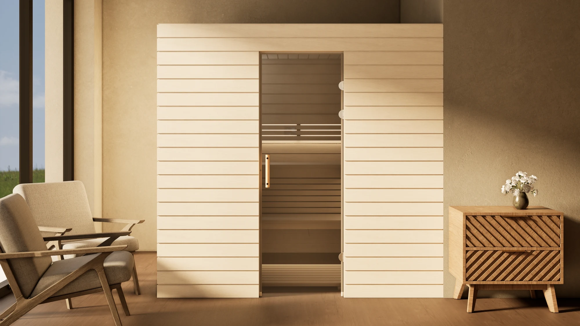 Sauna Venus Glastür Profilholz Linde im Wohnraum vor der Fensterfront