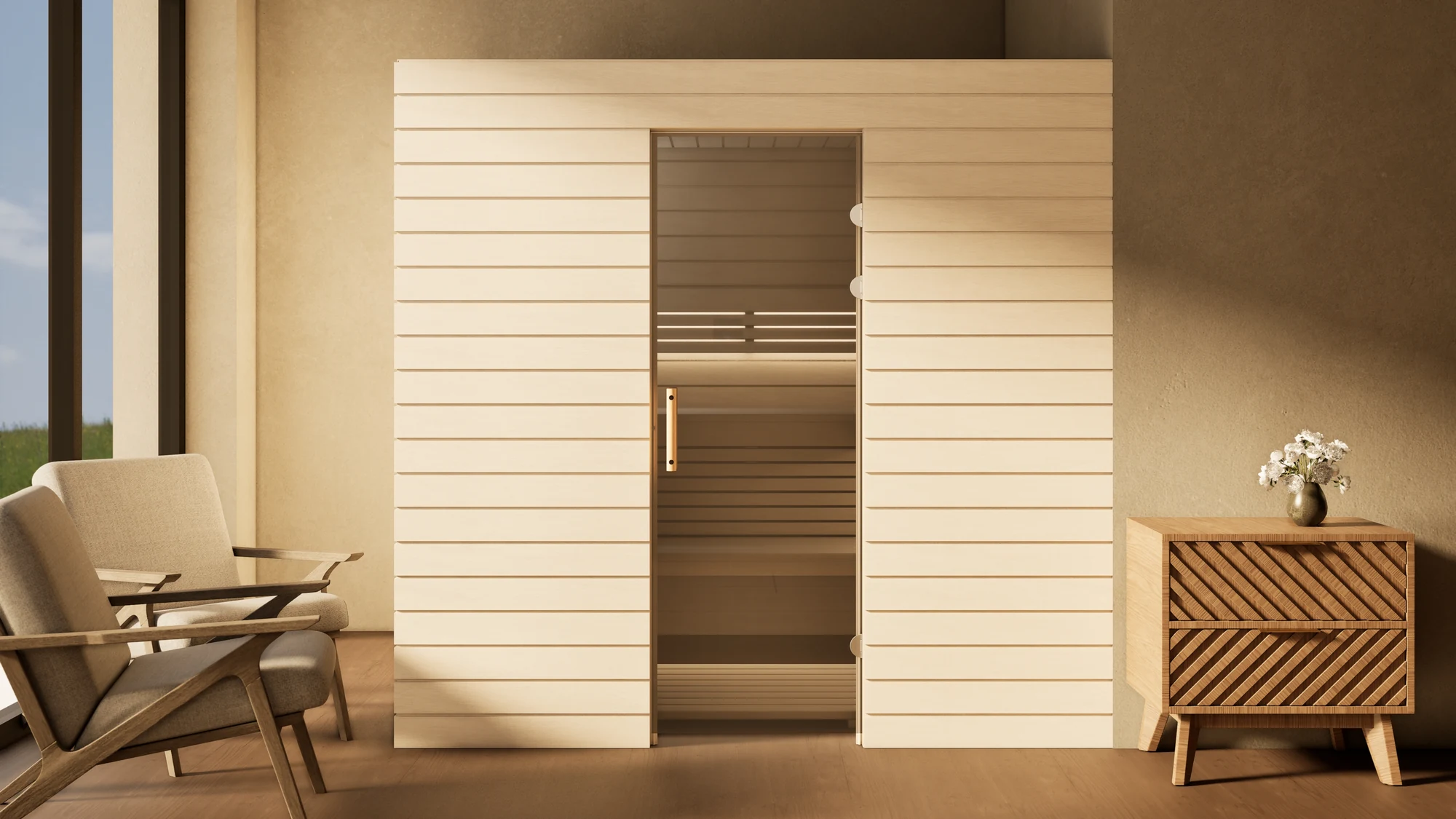 Sauna Venus Glastür Profilholz Linde im Wohnraum vor der Fensterfront