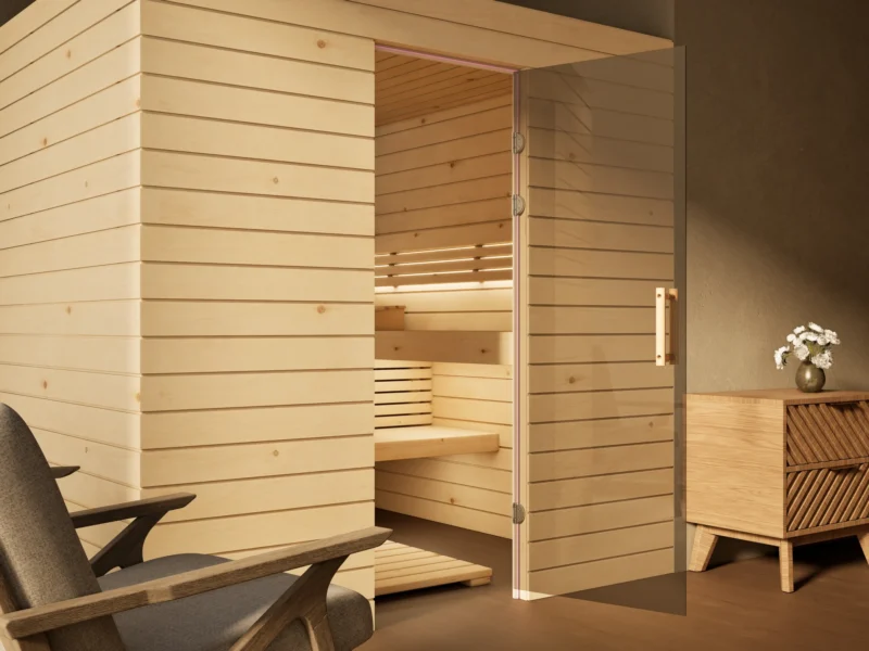 Sauna Venus Glastür Profilholz Zirbe, Glastür mit Bändern und Holzgriff