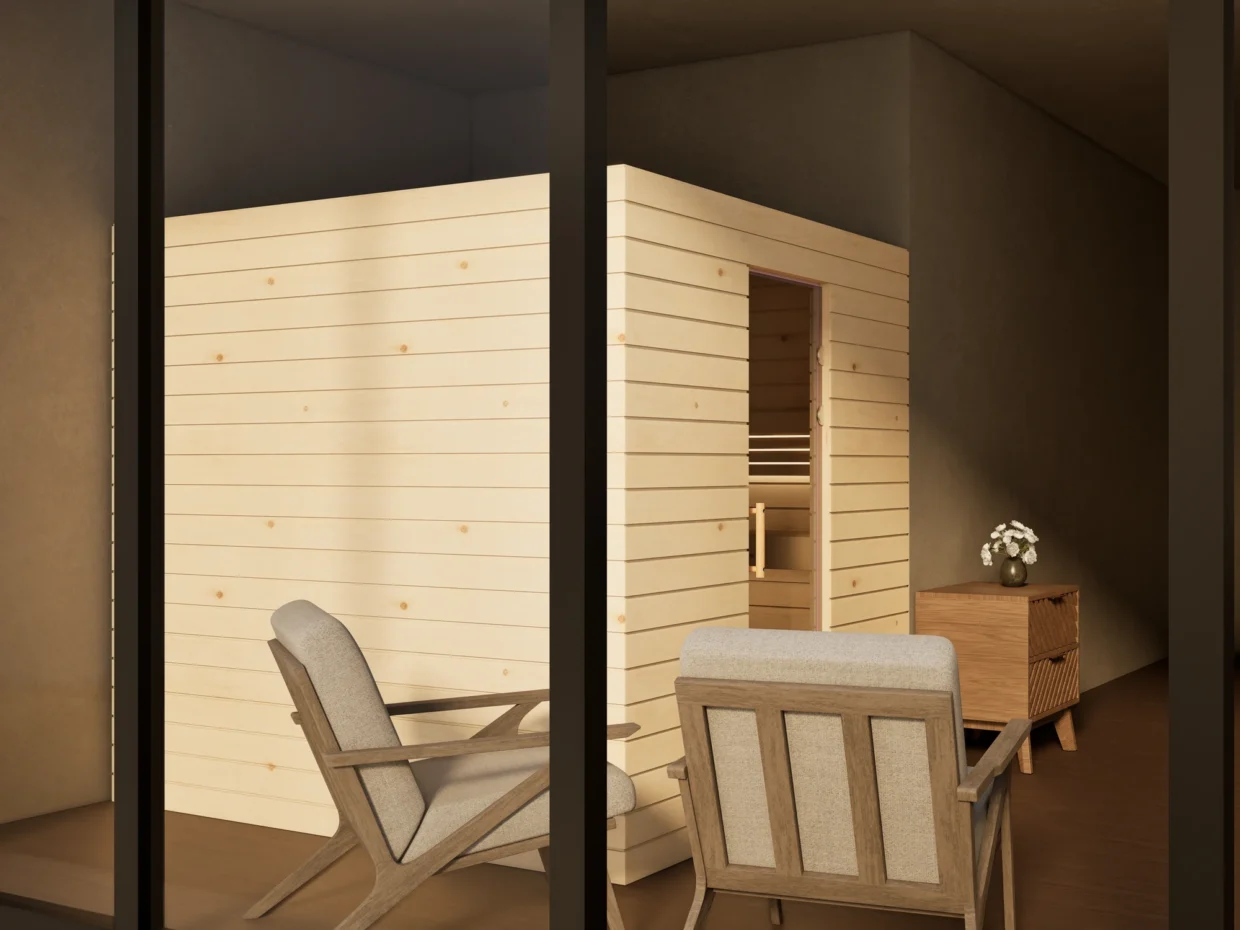 Sauna Venus Glastür Profilholz Zirbe von der Seite im Wohnraum