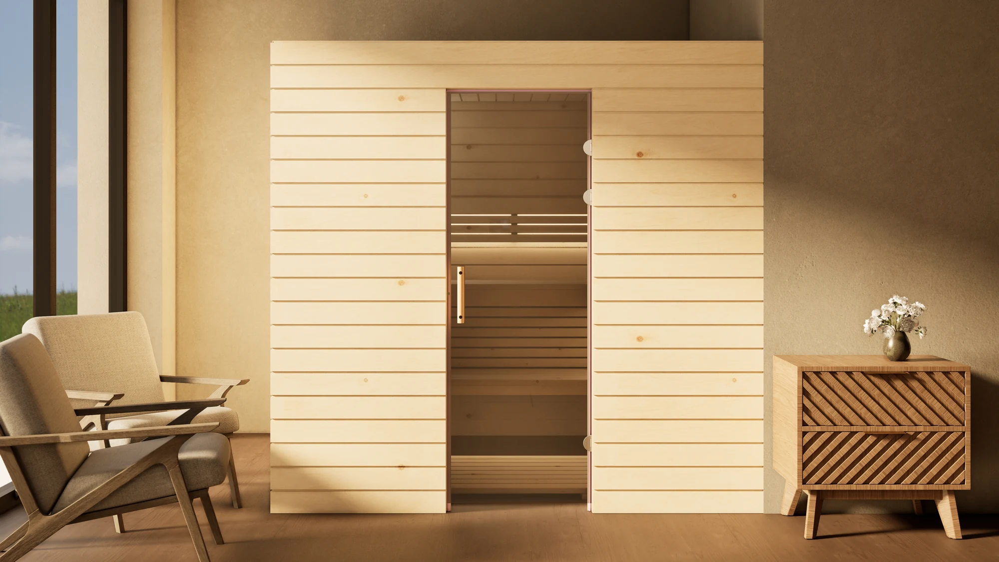 Sauna Venus Glastür Profilholz Zirbe im Wohnraum vor der Fensterfront