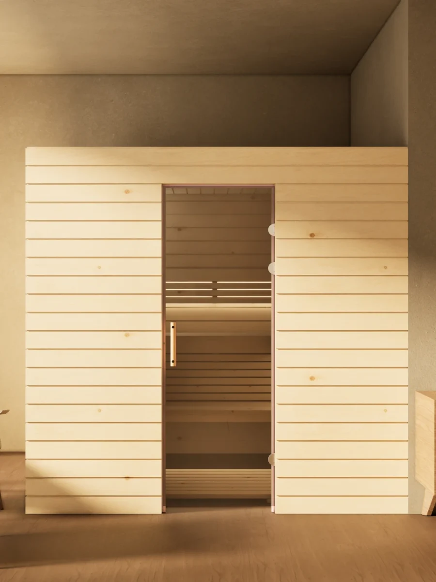 Sauna Venus Glastür Profilholz Zirbe im Wohnraum, Gesamtansicht, Kabine ohne Saunaofen