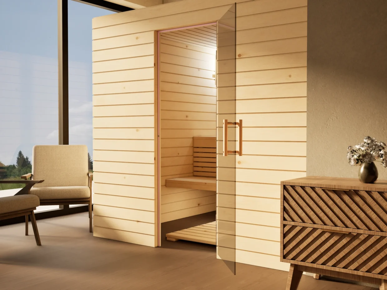Sauna Venus Glastür Profilholz Zirbe mit geöffneter Glastür, Kabine ohne Saunaofen
