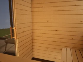 Innenraum der Sauna Venus Glastür Profilholz Zirbe mit freiem Ofenplatz