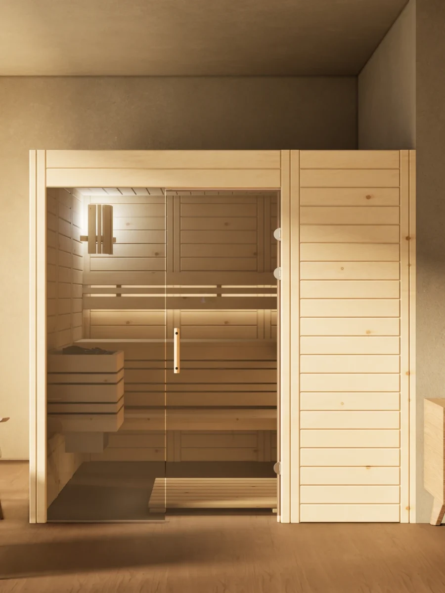 Sauna Venus Glaselement bodentief Massivholz Zirbe im Wohnraum, Gesamtansicht