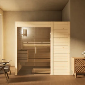 Sauna Venus Glaselement bodentief Massivholz Zirbe im Wohnraum, Gesamtansicht