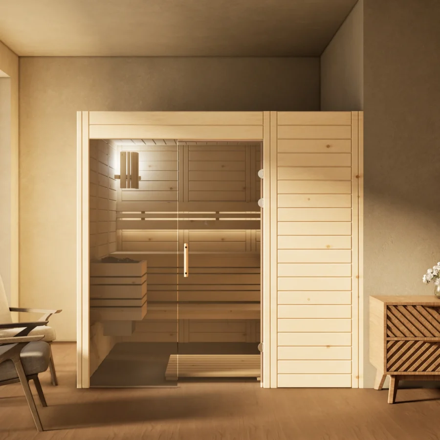 Sauna Venus Glaselement bodentief Massivholz Zirbe im Wohnraum, Gesamtansicht