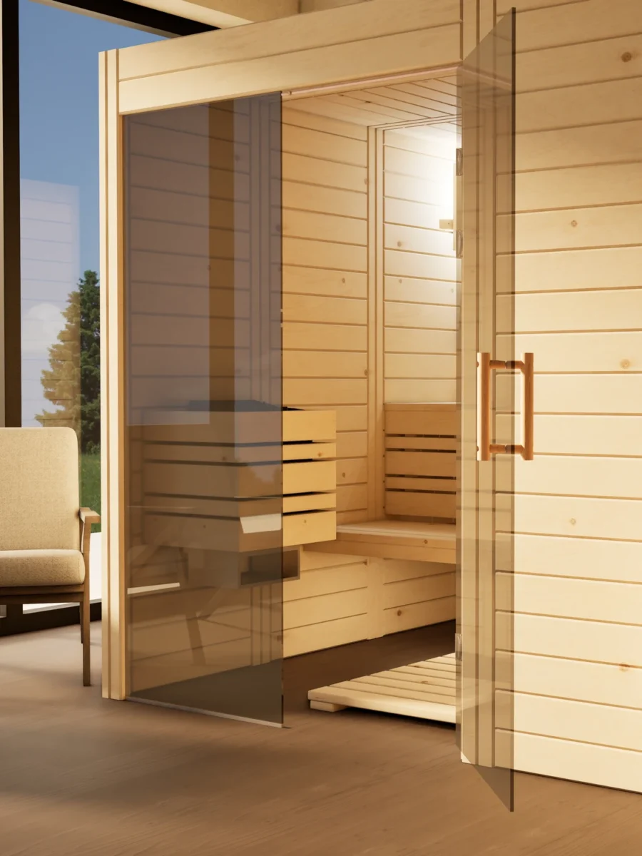 Sauna Venus Glaselement bodentief Massivholz Zirbe mit geöffneter Glastür