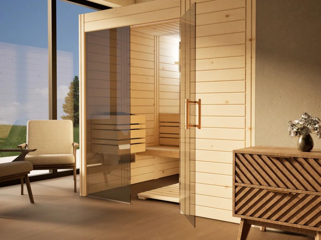 Sauna Venus Glaselement bodentief Massivholz Zirbe mit geöffneter Glastür