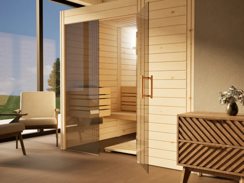 Sauna Venus Glaselement bodentief Massivholz Zirbe mit geöffneter Glastür