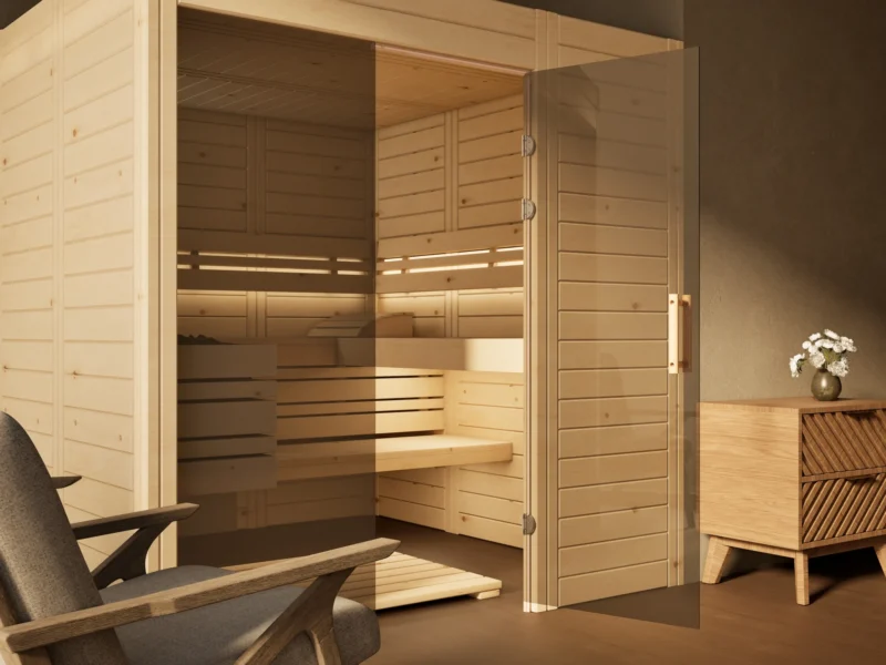 Sauna Venus Glaselement bodentief Massivholz Zirbe, Glastür mit Bändern und Holzgriff