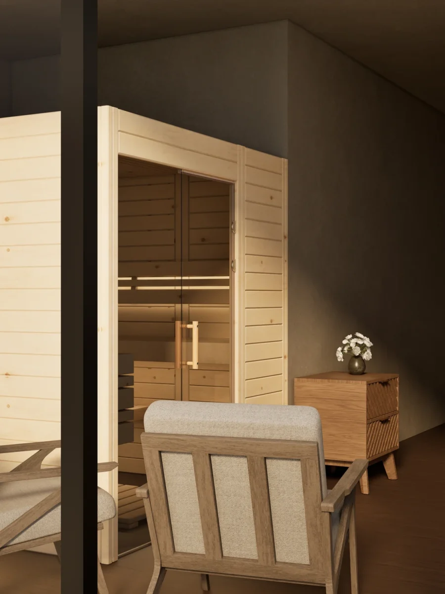 Sauna Venus Glaselement bodentief Massivholz Zirbe von der Seite im Wohnraum