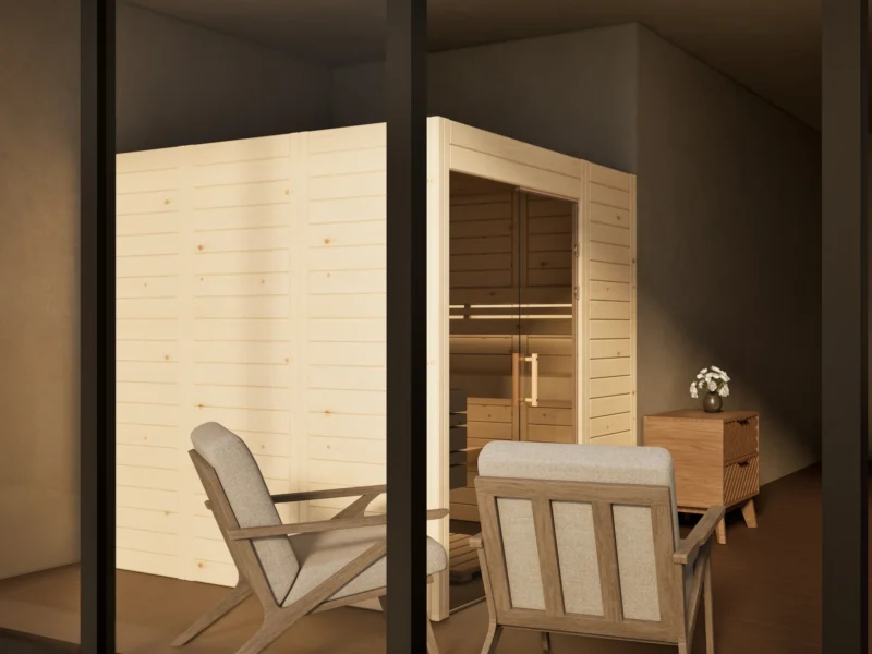 Sauna Venus Glaselement bodentief Massivholz Zirbe von der Seite im Wohnraum