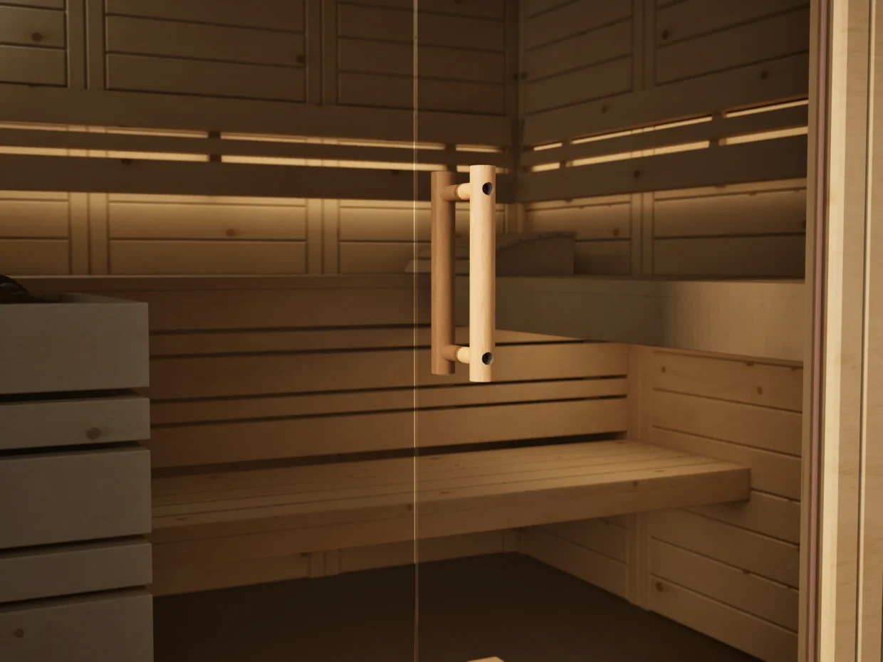 Klarglastür mit Holzgriff an der Sauna Venus Glaselement bodentief Massivholz Zirbe
