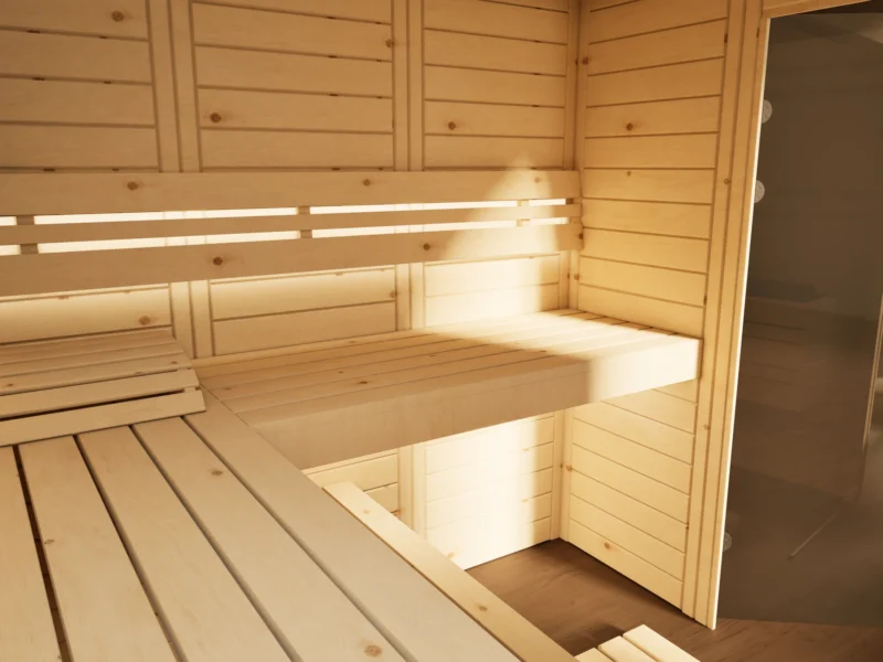 Liegen mit indirektem LED-Licht in der Sauna Venus Glaselement bodentief Massivholz Zirbe