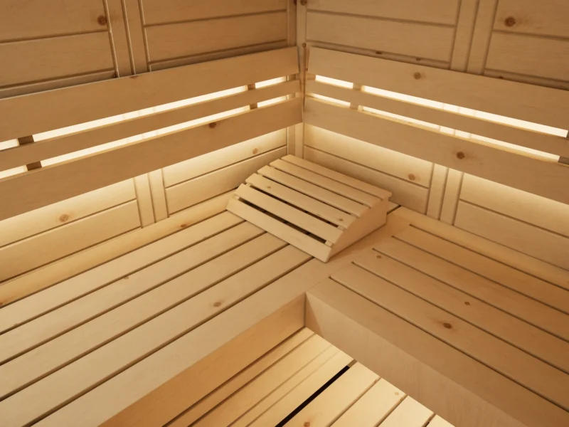 Eckbank mit gewölbter Kopfstütze in der Sauna Venus Glaselement bodentief Massivholz Zirbe